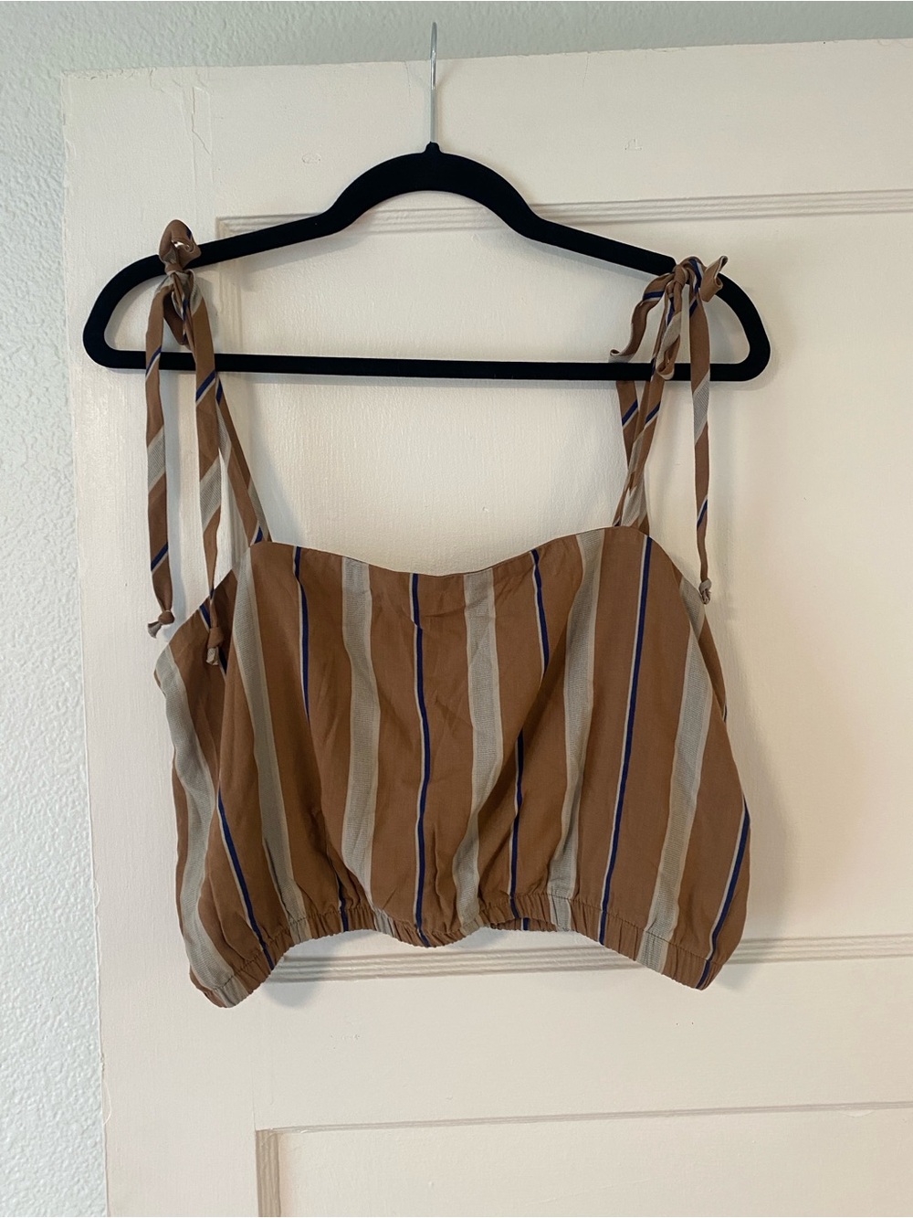 Brown and navy stripe crop top with bow tie straps. Large